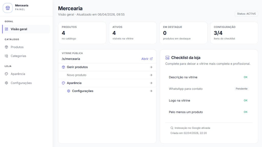 Prévia do painel de gestão da loja