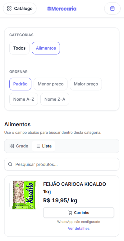 Pré-visualização da vitrine no celular